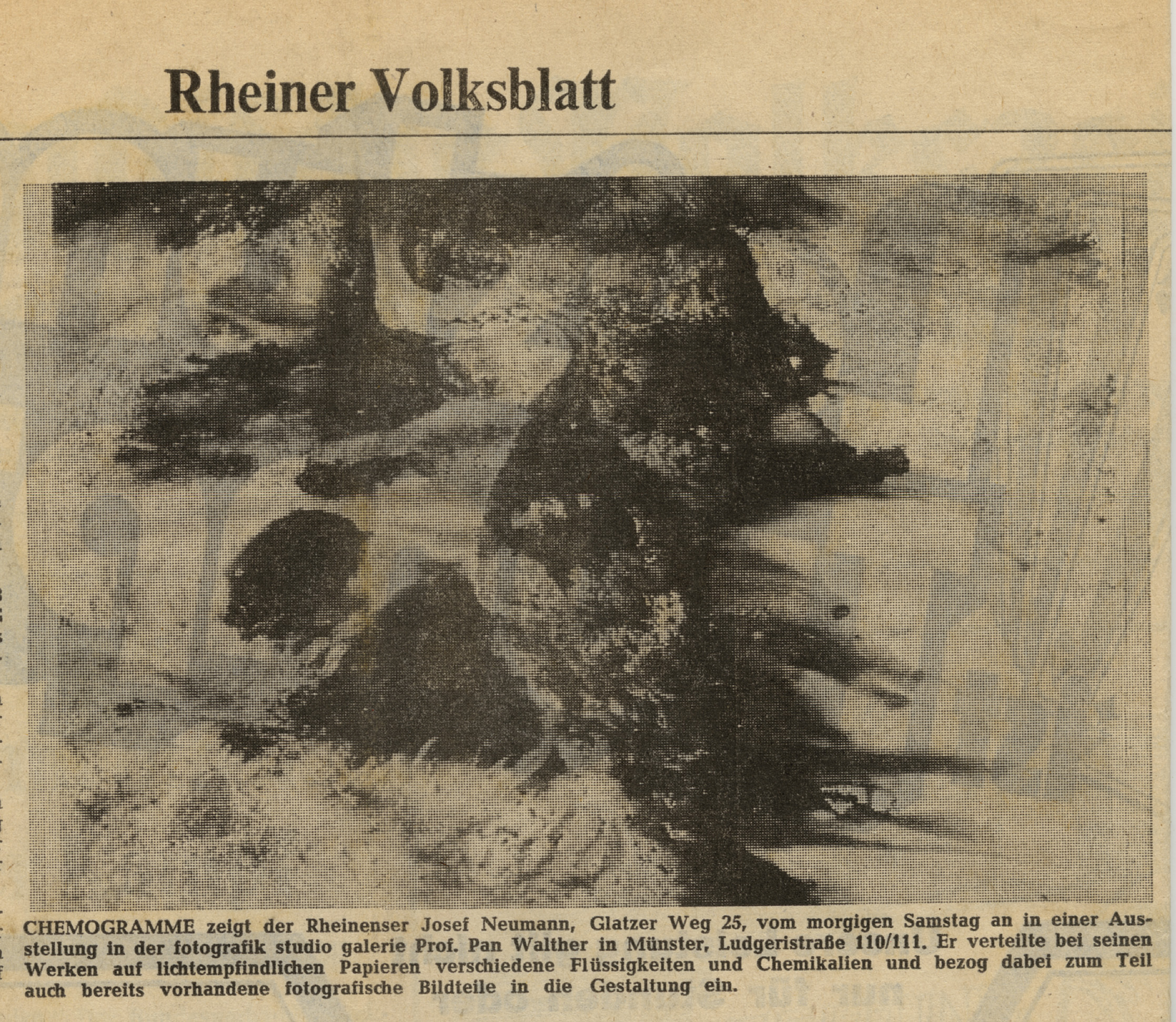 Münsterländische Volkszeitung , 7th May, 1976, Chemogramme in der "fotografik studio galerie Prof.Pan Walther" in Münster