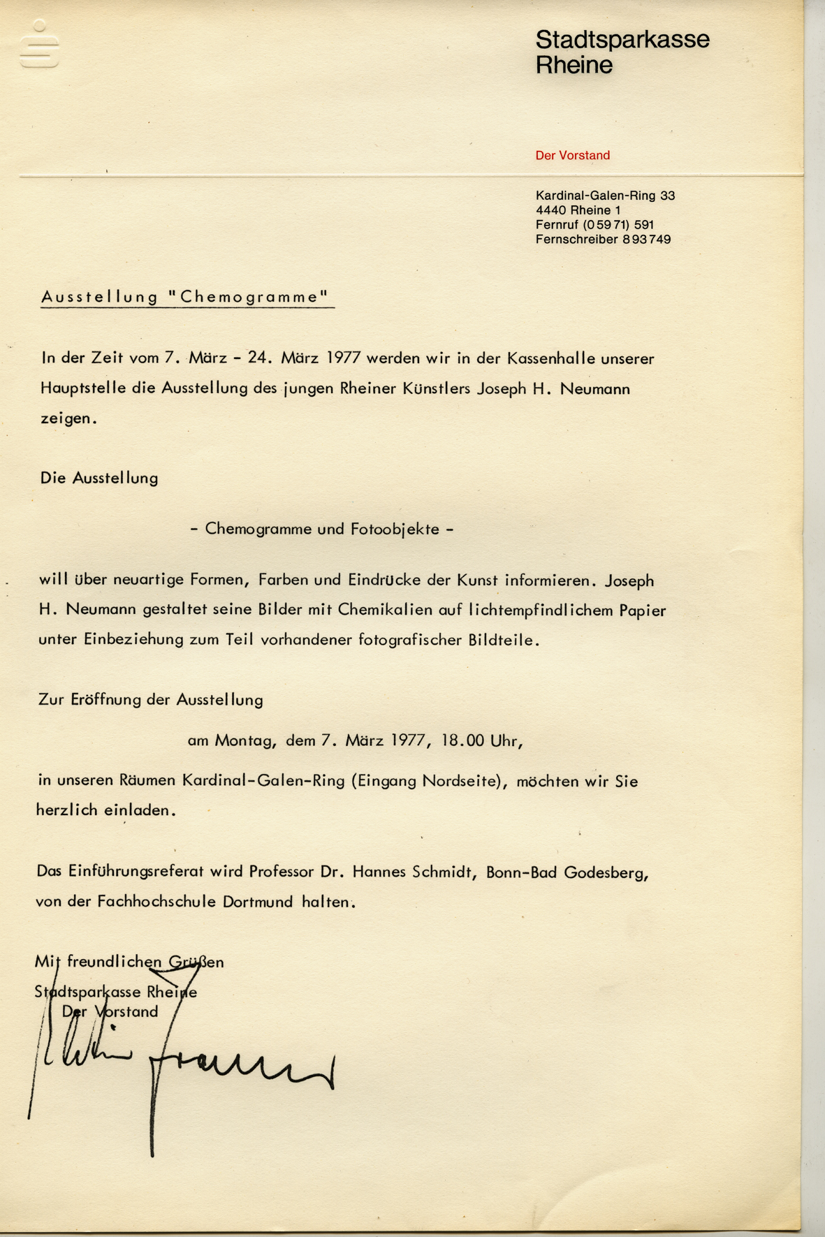 Invitation of the Management of the Sparkasse Rheine 1976 on the occasion of the Exhibition CHEMOGRAMME u. FOTO OBJEKTE v. Josef H. Neumann