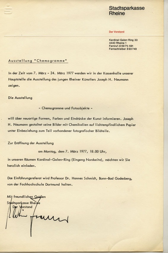 Einladung des Vorstandes der Sparkasse Rheine 1976 anlässlich der Ausstellung CHMEOGRAMME u. FOTO OBJEKTE v. Josef H. Neumann